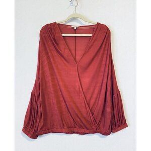 Lucky Brand Top Womens Large Surplice V Neck Long Sleeve Textured Red Boho